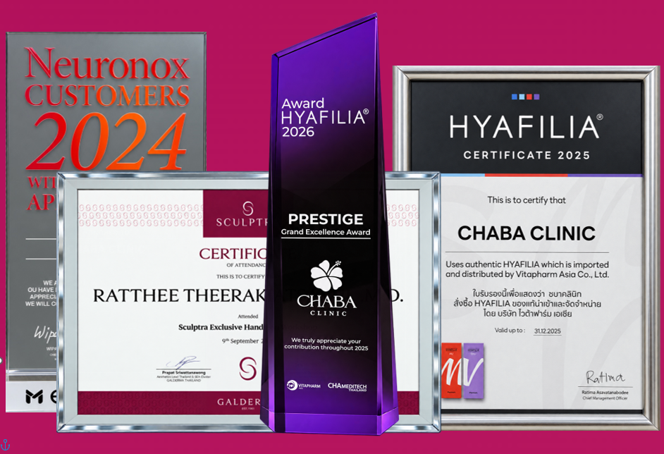ภาพรวมรางวัลและประกาศนียบัตรของ CHABA Clinic โดยมีถ้วยรางวัล HYAFILIA 2026 อยู่ตรงกลาง